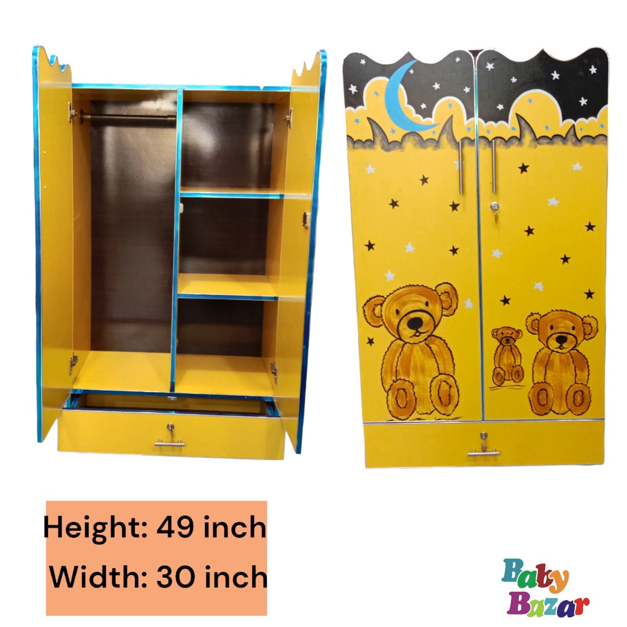 Stylish Wooden Baby Cupboard: Large hanging &amp; storage In cartoon Design (4x2.5ft)