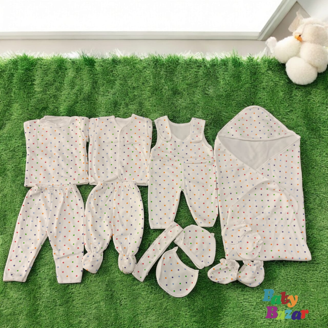 New Born Baby 11 PCS Starter Set  Fleece Stuff  With Dot Print - White