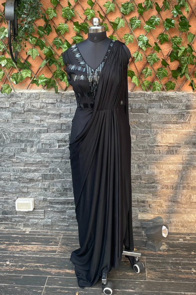 Indo western saree gown and long jacket – Kuro Clothing India