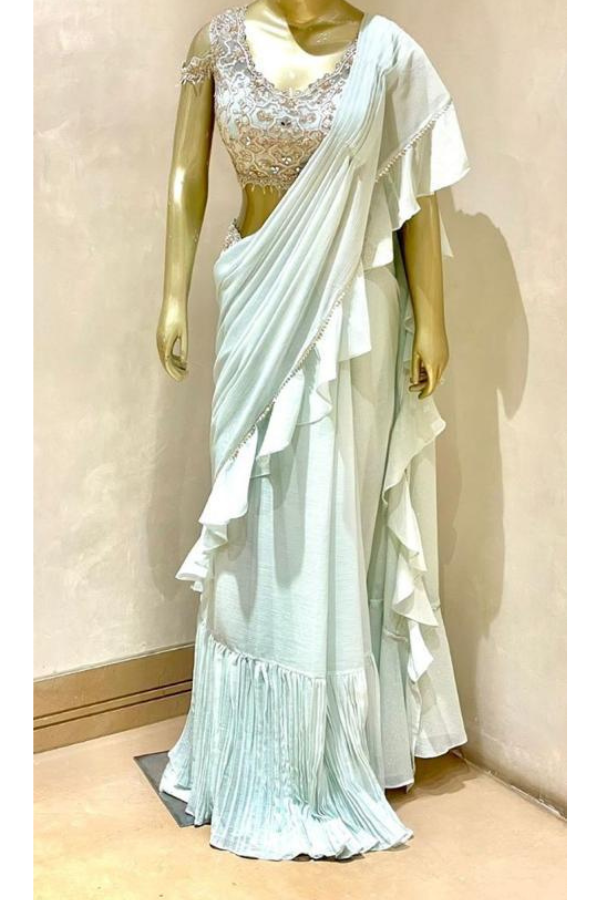 Nude Pre Draped Floral Ruffle Saree Set - Suruchi Parakh - East Boutique