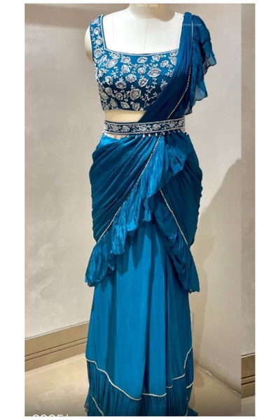 Baby Blue Drape Saree With Cape