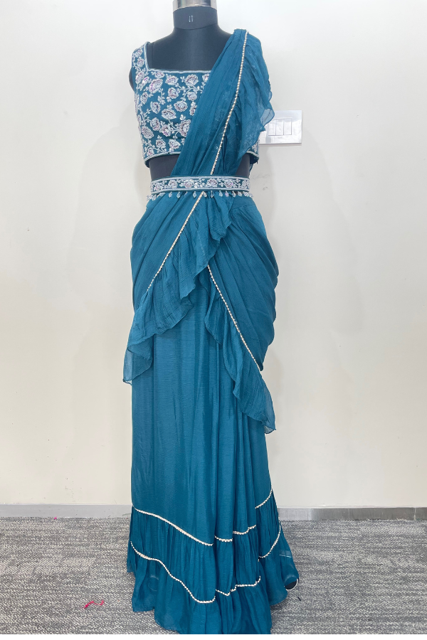 Sequinned drape saree with cape – Kuro Clothing India