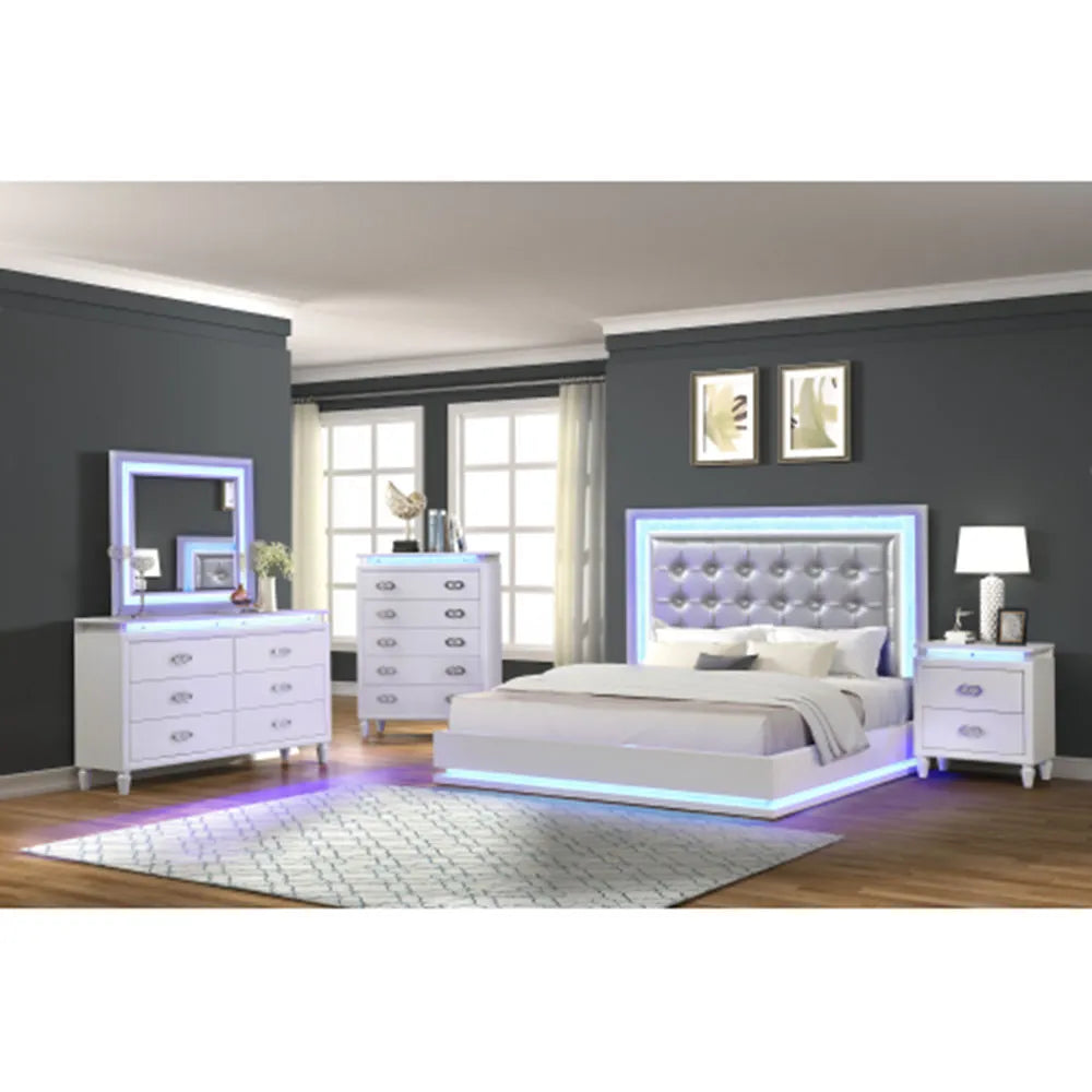 Passion Queen 6 PC Bed Room Set Nightstand  Dresser Chest Cabinet Cupboard Forcer Milky White with Led  Bedroom Furniture