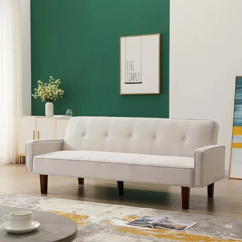 Modern Convertible Futon Sofa Bed, Foldable Sofa Bed for Home &Office, Linen Sofa Bed, White
