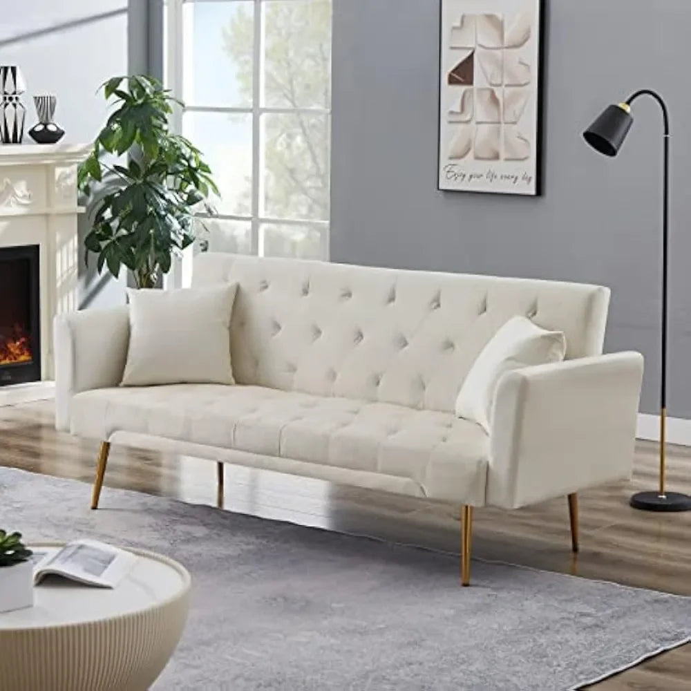 Velvet Upholstered Convertible Sofa Bed, Two-seater Sofa with Button Tufted with 2 Pillows