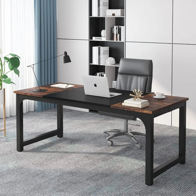 70.8”Executive Desk, Large Office Computer Desk with Thicken Frame, Rustic Brown/Black