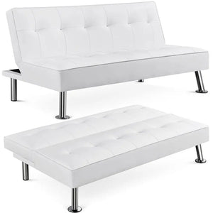 Modern Convertible Futon Sofa Bed, Pull Out Sleeper Couch for Living Room or Bedroom, White - My Lux Decor  - Couch With Bed Pull Out
