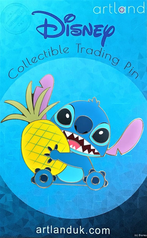 Stitch from the Disney movies Lilo and Stitch grinning toothily and holding a big pineapple.