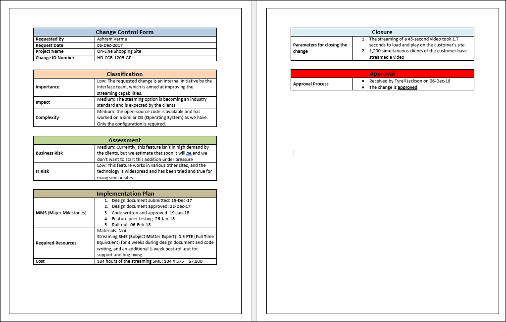 Change Control Form Template