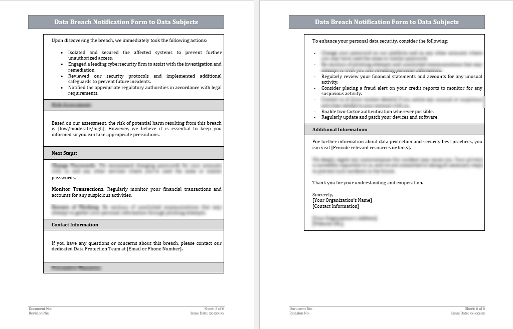 GDPR Data Breach Notification Form To Data Subjects Template