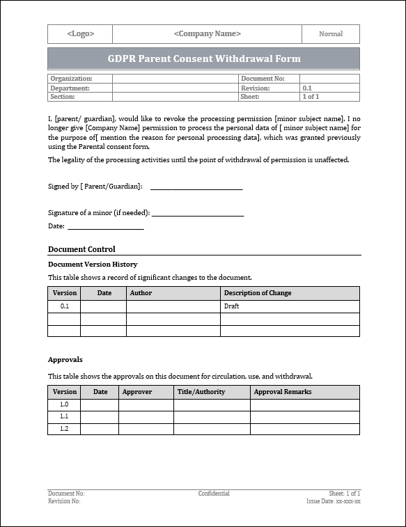 GDPR Parental Consent Withdrawal Form Template