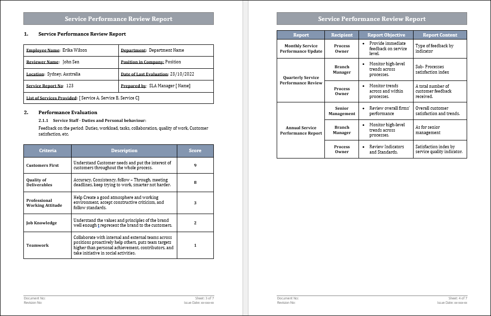 Service Performance Review Report Template