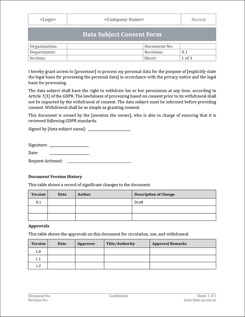 GDPR Data Subject Consent Form Template