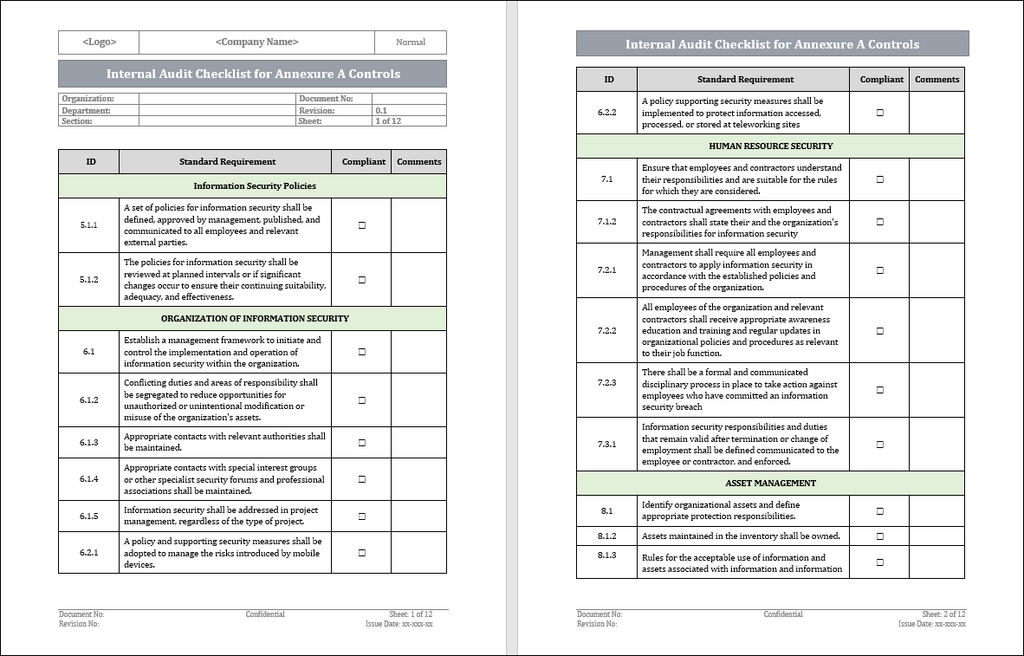GDPR Internal Audit Checklist for Annexure A Controls Checklist