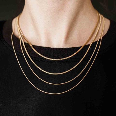Closeup of model's neck wearing gold Fernando Jorge Parallel Multi Chain Necklace