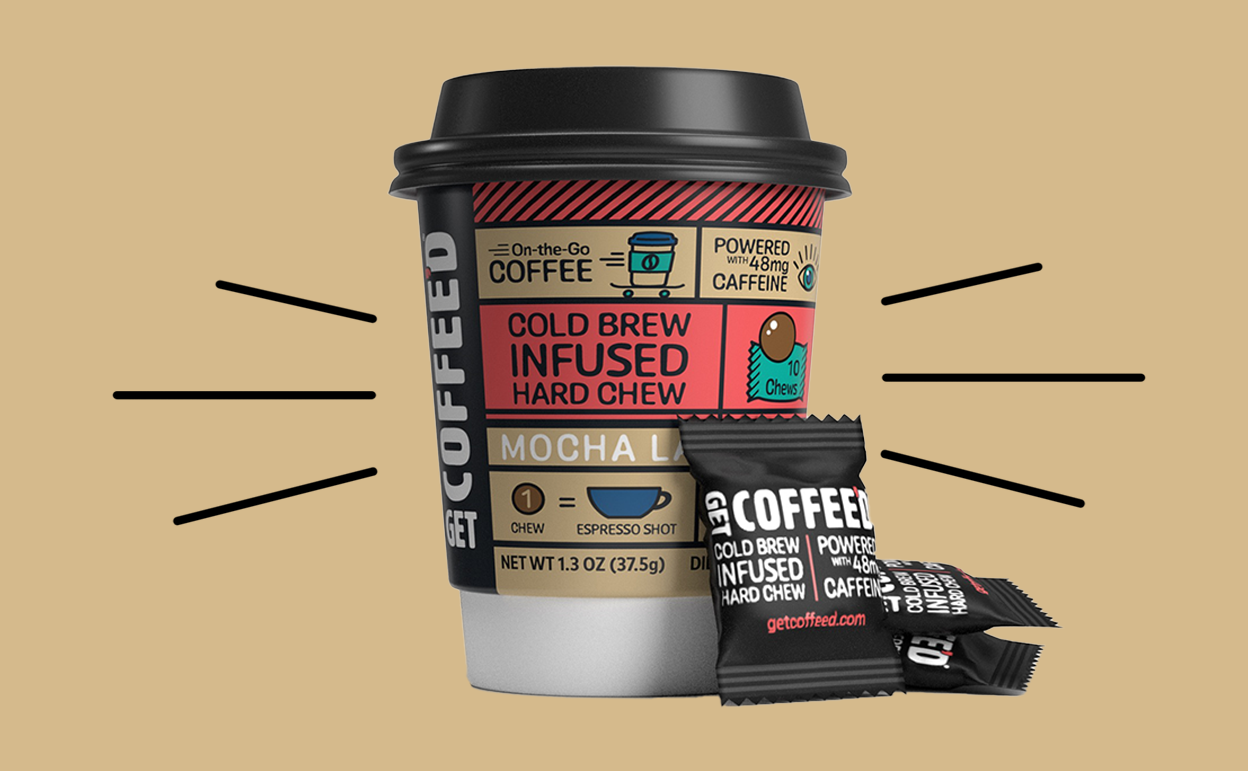 An image of the Get Coffeed cup and a few individual pieces of the chew in their wrapper