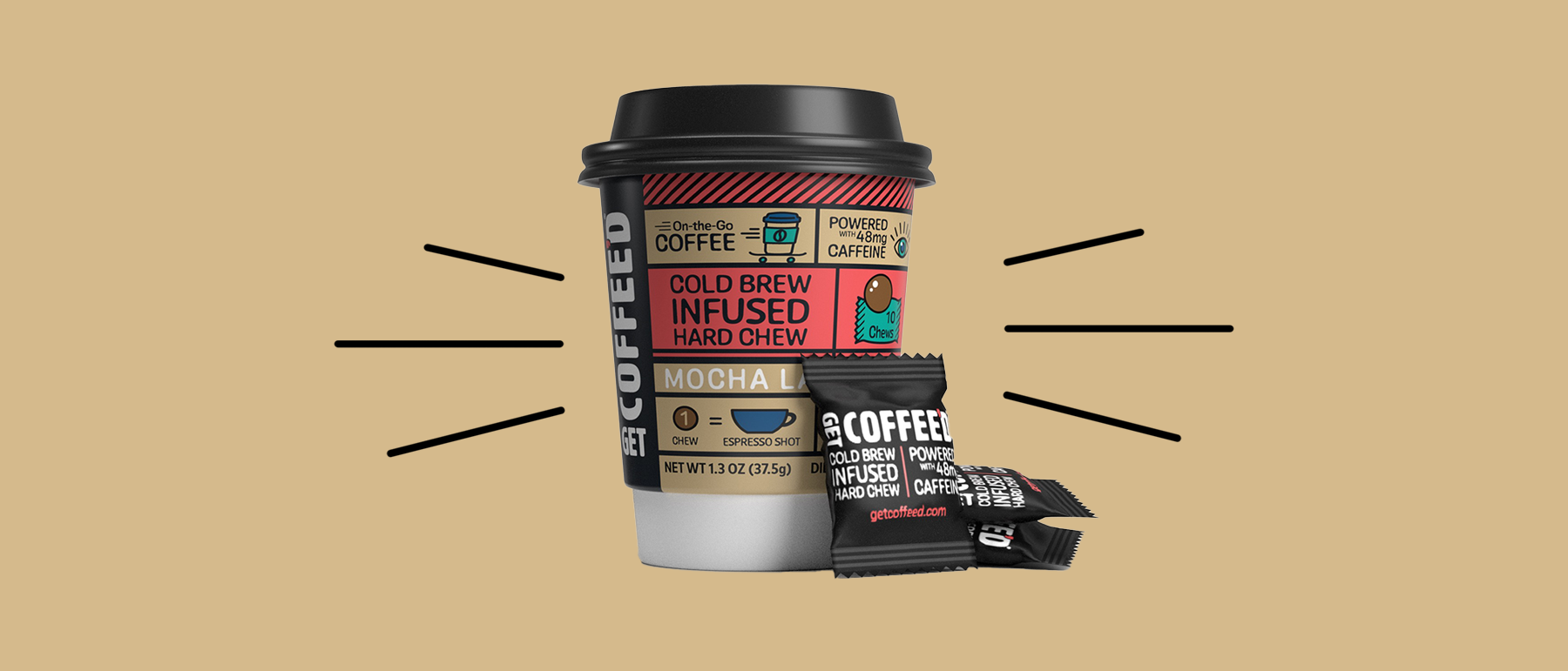 An image of the Get Coffeed cup and a few individual pieces of the chew in their wrapper