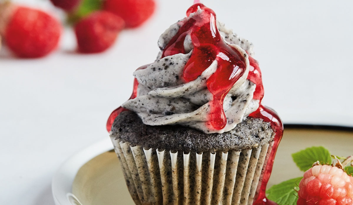 black sesame raspberry cupcake