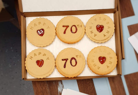 engraved 70th wedding anniversary biscuits made by The Biskery