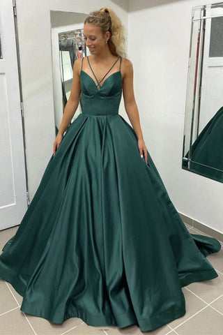 Simple Green Satin Long Prom Dresses with High Slit, Green Formal