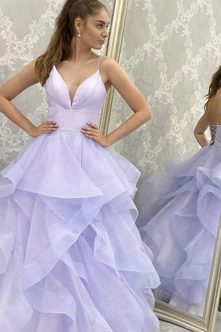 Purple Tiered Tulle Skirt Prom Dresses Deep V-neckline