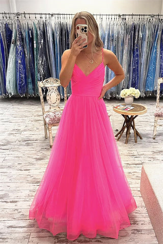 Gorgeous V Neck Layered Pink Tulle Long Prom Dresses with High Slit, Long  Pink Tulle Formal Evening Dresses SP2661