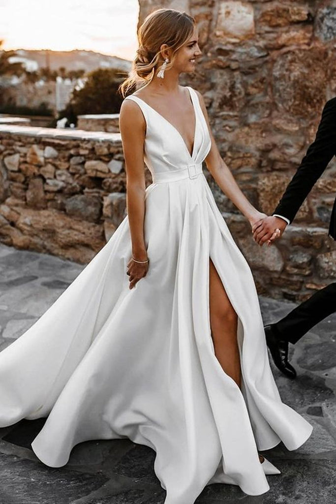 A Line Deep V Neck Open Back White Long Prom Wedding Dresses Long Ope Eip Collection 