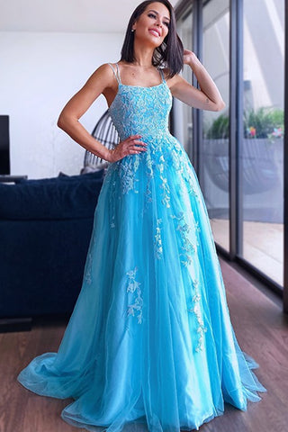 Shiny Tulle V Neck Backless Light Blue Lace Long Prom Dress, Light Blue  Lace Formal Dress, Light Blue Evening Dress A1408
