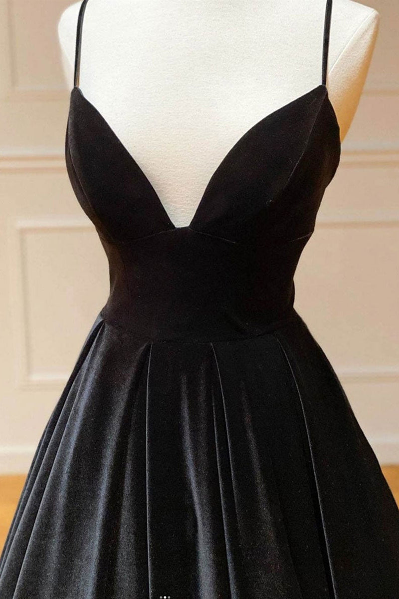 A Line V Neck Backless Black Velvet Long Prom Dresses, V Neck Black Fo ...