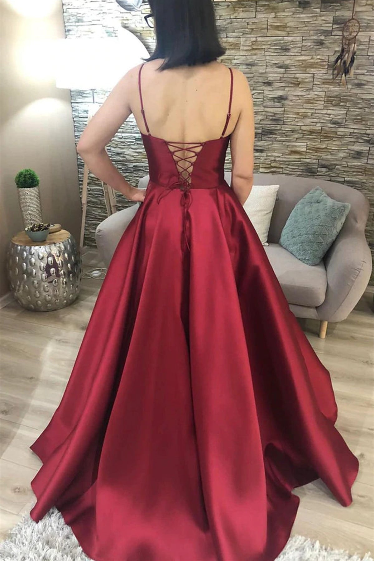 A Line V Neck Backless Burgundy Satin Long Prom Dresses, Backless Burg ...