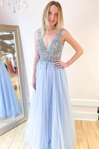 Long Sleeves V Neck Light Blue Tulle Long Prom Dresses, Long Sleeves B –  Eip Collection