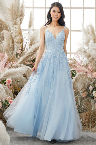 Deep V Neck Light Blue Lace Long Prom Dresses, Light Blue Lace Formal  Graduation Evening Dresses SP2359