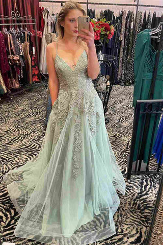 A Line V Neck Sage Green Lace Prom Dresses, Green Lace Formal