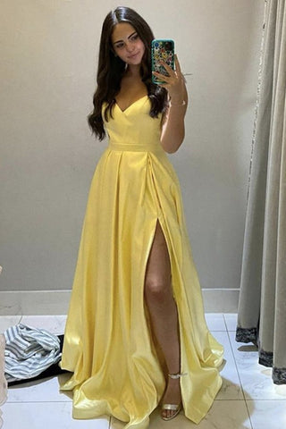 One Shoulder Yellow Satin Long Prom Dresses with High Slit, One Should –  Eip Collection