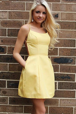 A-line Yellow Satin Short Prom Dress Homecoming Dress Short Prom Dresses  PG113