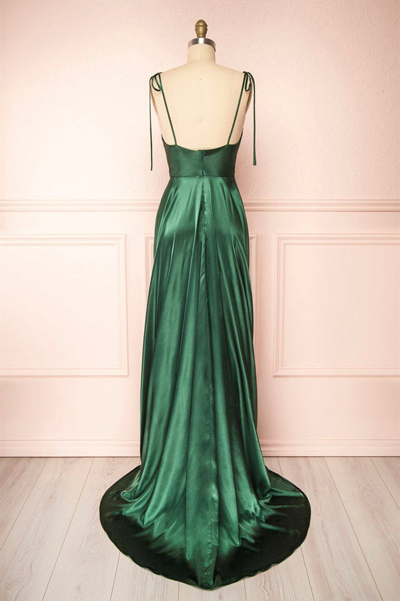 Elegant Backless Green Satin Long Prom Dresses, Backless Green Formal ...