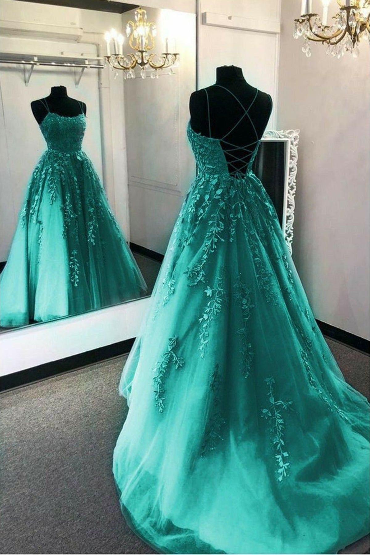 Fashion Green Lace Appliques Open Back Tulle Long Prom Dresses, Green ...