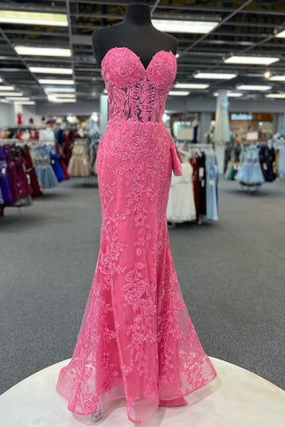 Strapless Hot Pink Lace Prom Dresses, Hot Pink Lace Formal Evening Dre –  Eip Collection