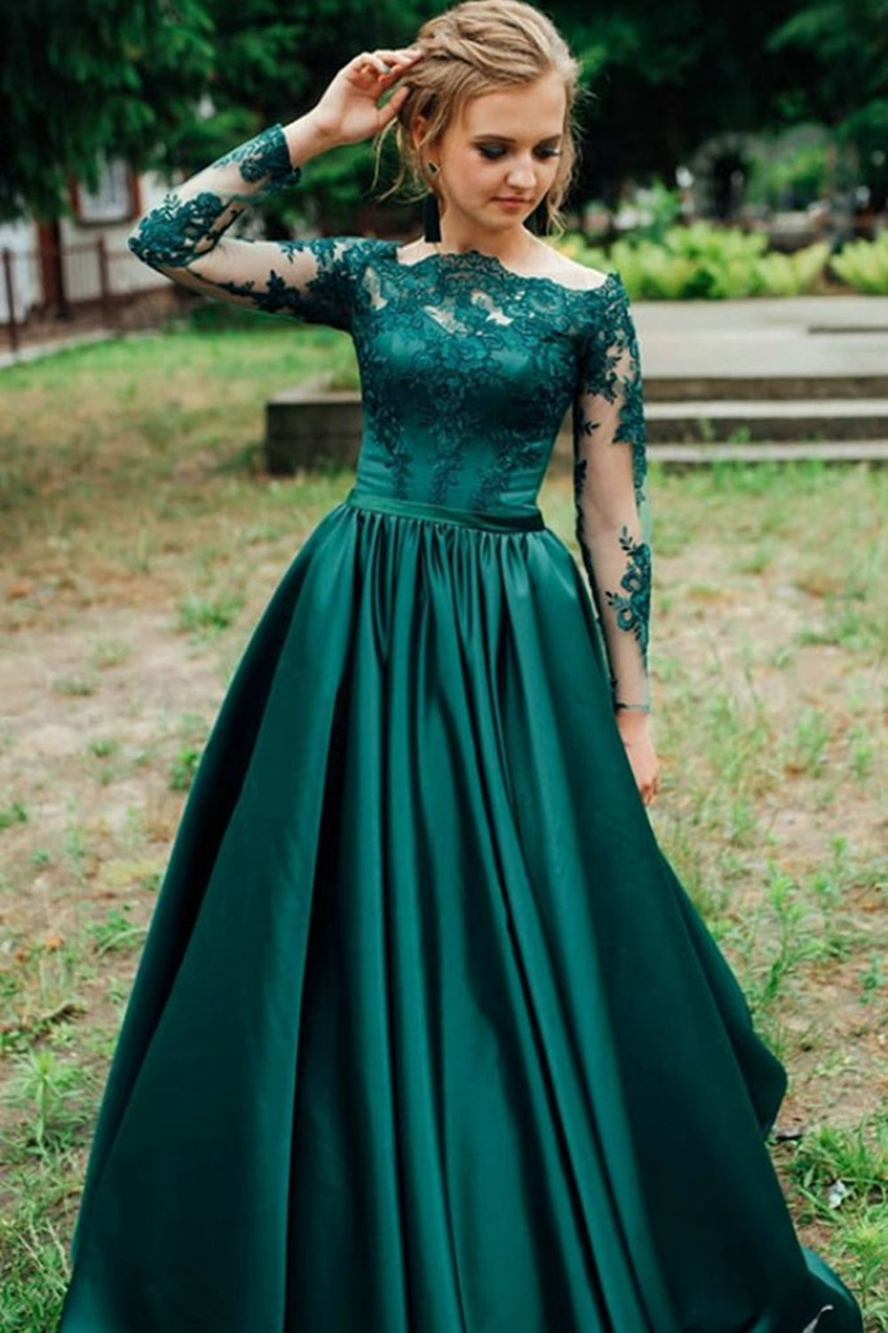 Long Sleeves Emerald Green Lace Long Prom Dresses, Emerald Green Lace