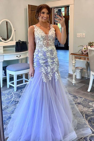 V Neck Mermaid Lilac Lace Long Prom Dress, Mermaid Lilac Formal Dress, –  abcprom