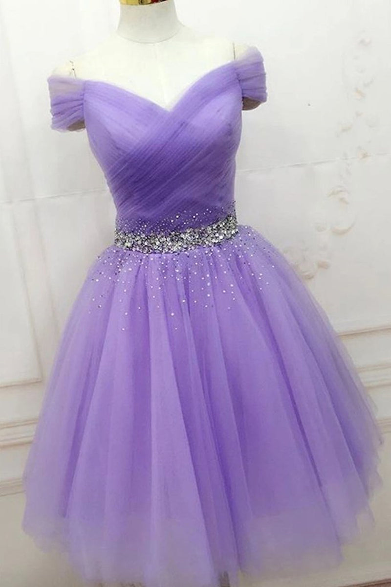 Off Shoulder Sequins Purple Short Prom Dresses, Off the Shoulder Purpl ...