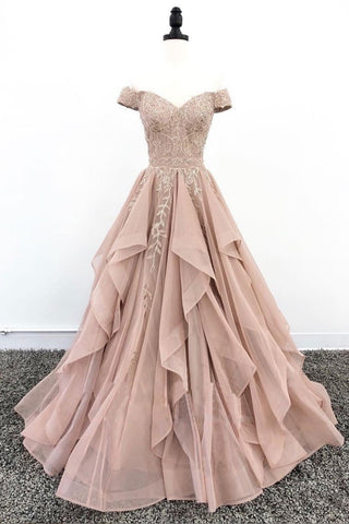 Off Shoulder Champagne Satin Long Prom Dresses with High Slit, Champagne  Formal Graduation Evening Dresses