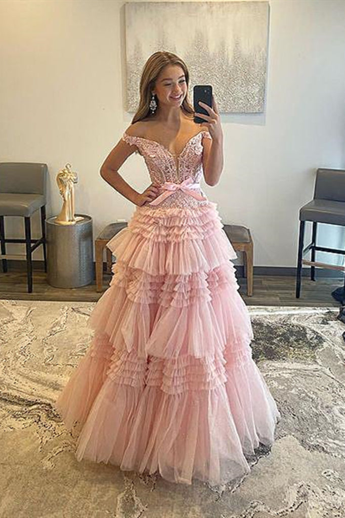 Off The Shoulder Pink Lace Prom Dresses Off Shoulder Pink Tulle Lace Eip Collection 8593