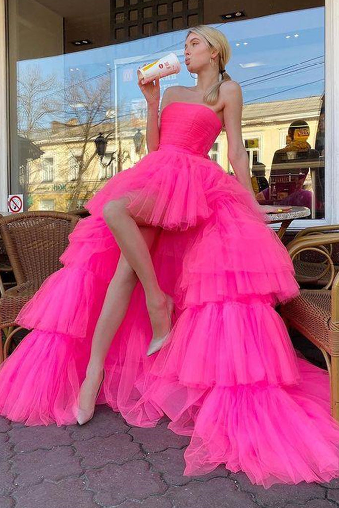 Strapless High Low Pink Tulle Long Prom Dresses, High Low Pink Formal ...