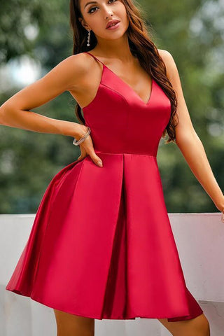 Cute V Neck Red Satin Short Prom Dresses, V Neck Red Homecoming Dresse –  Eip Collection