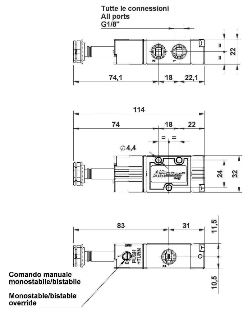 2D креслення пневматичного розподільника 3/2 AIRCOMP з 1 котушкою із зовнішнім керуванням