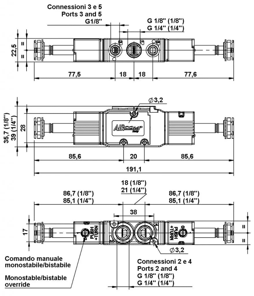 2D чертеж Пневматического распределителя 5/3 AIRCOMP подсоединение 1/4 с 2 электромагнитами