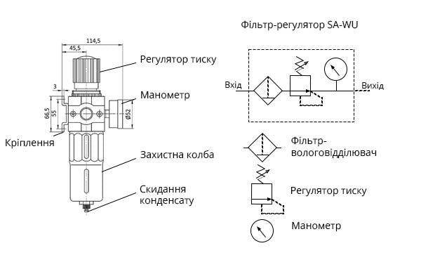 Креслення та позначення фільтр-регулятора на пневмосхемах
