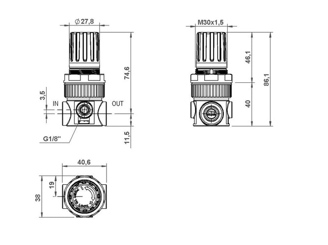 2D чертеж минирегулятора давления AIRCOMP серии 039 SRU со встроенным клапаном быстрого выхлопа