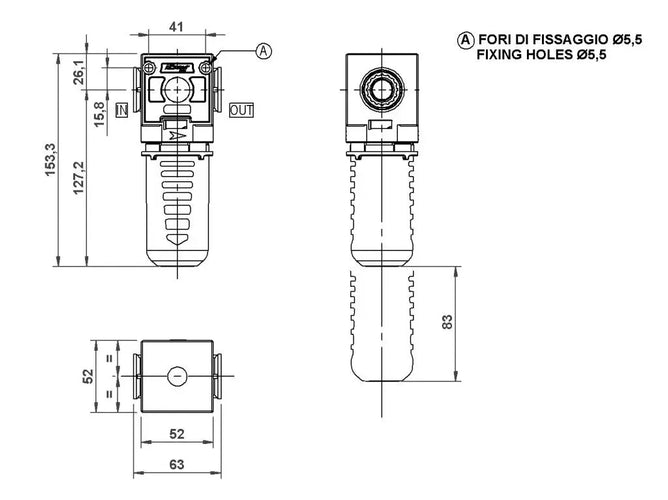 2D чертеж фильтр-регулятора AIRCOMP серии SSA-FR-1/4-042